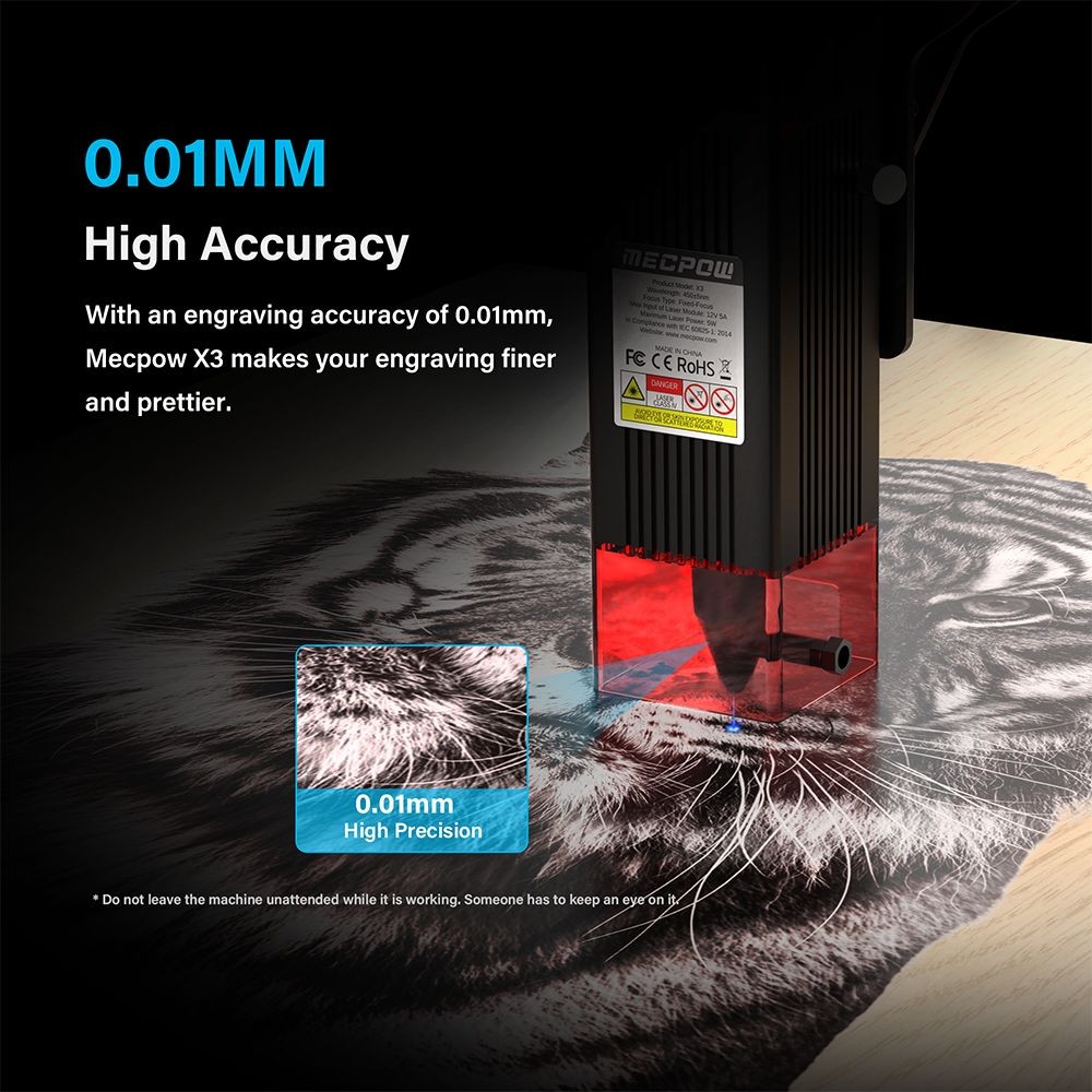 Mecpow X3 Laser Engraver, 5W Laser Power, Fixed-Focus, 0.01mm Accuracy, 10000 mm/min Engraving Speed, Safety Lock, Emergency Stop, Flame Detection, Gyroscope Sensor, 410x400mm - US Plug