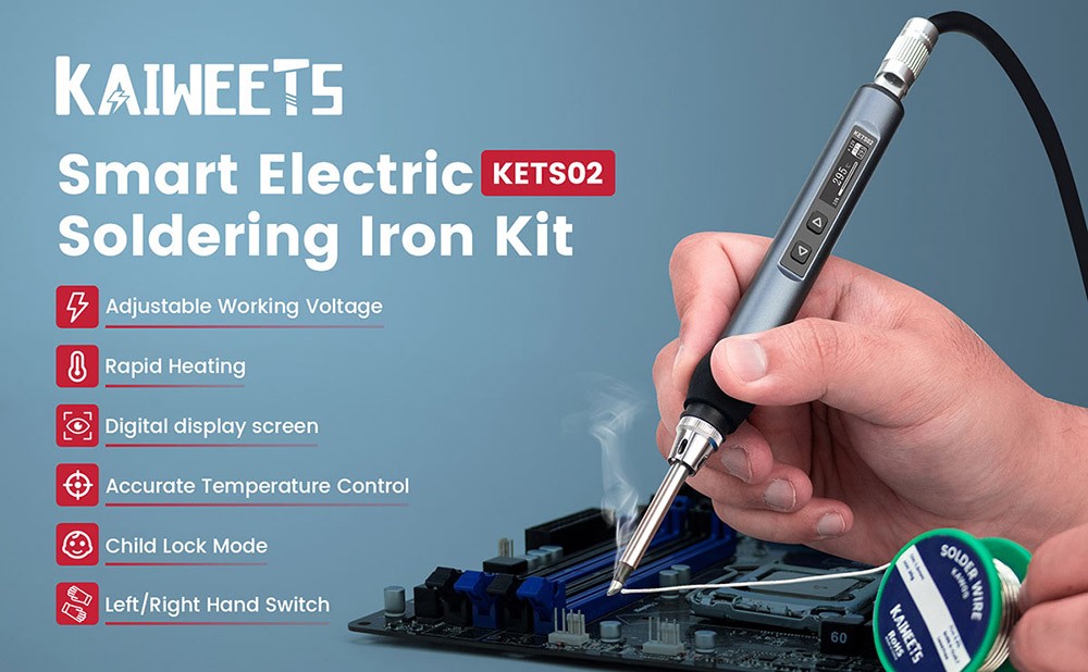 KAIWEETS KETS02 Smart Digital Soldering Iron Kit, 9-20V Operating Voltage, Precise Temperature Control, Sleep Mode, Child Lock, OLED Display Screen