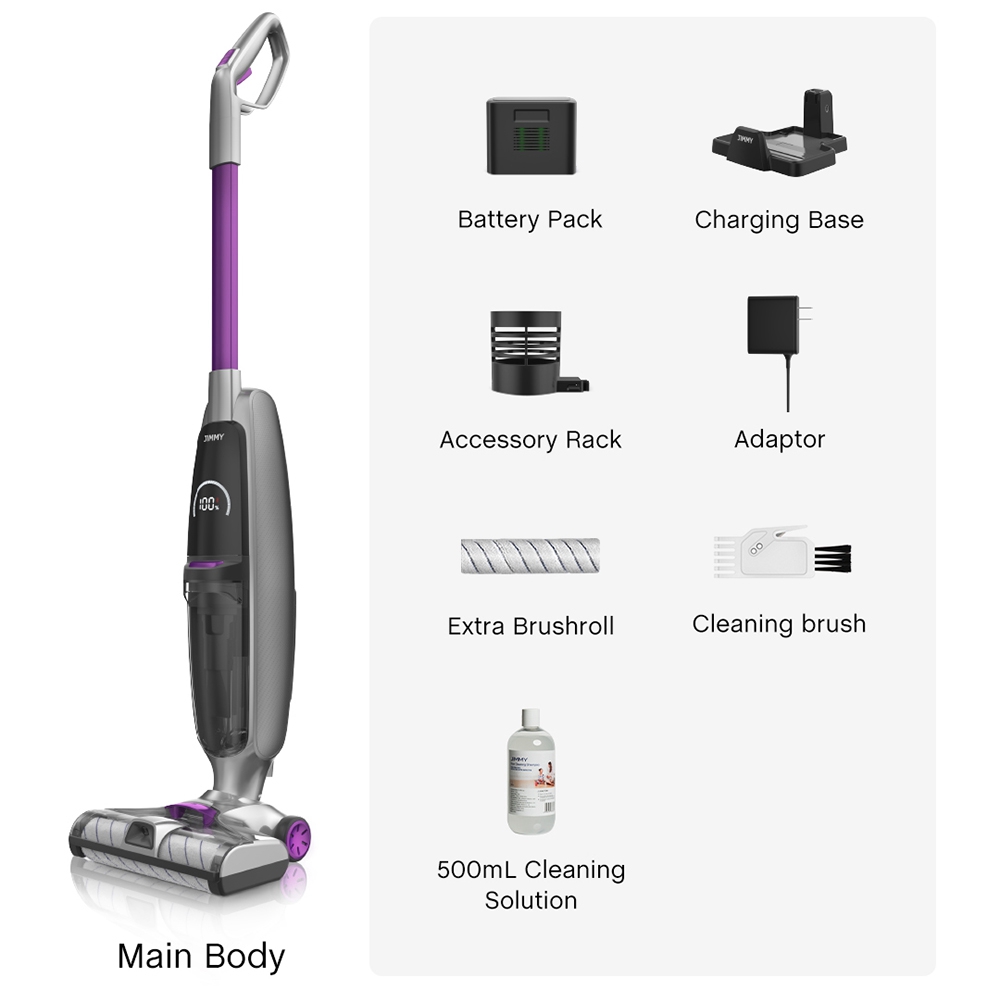 JIMMY PowerWash HW8 Pro Cordless Dry Wet Smart Vacuum Washer Cleaner 15000pa Brushless Digital Motor 3000mAh 35Mins Run Time Instantly Dry One-Touch Self-Cleaning LED Disply Detachable Water Tank Replaceable Battery Pack- Purple
