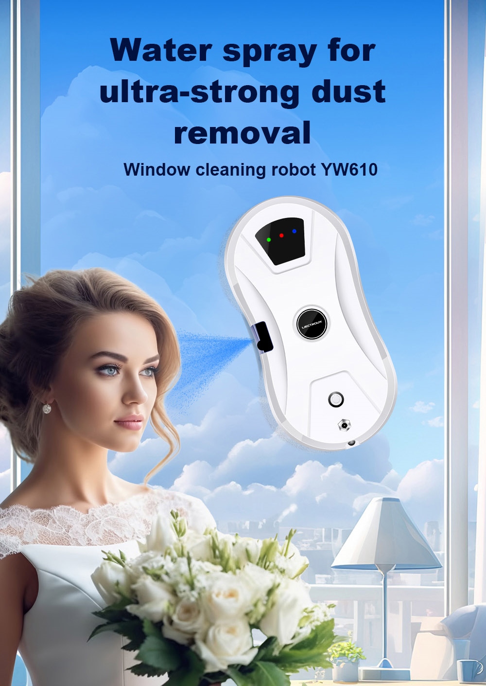 LIECTROUX YW610 Robot Window Cleaner, Single Water Spray, 2800Pa Suction, 30ml Water Tank, Border Detection, Remote Control, 20min Power Failure Protection