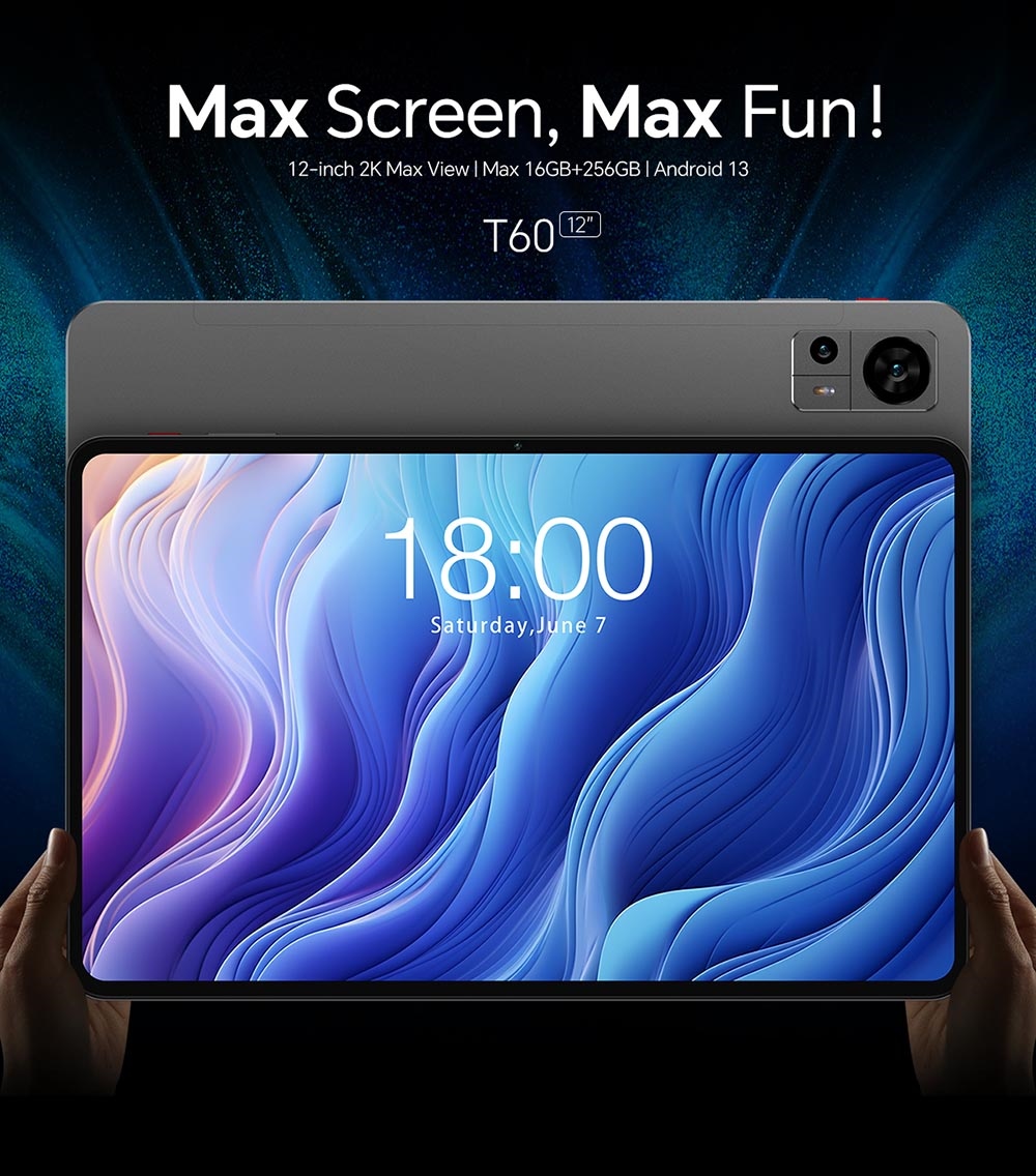 Teclast T60 Android 13 Tablet 12 inch UNISOC T616 Octa-Core Processor 8GB+8GB Expansion DDR4 RAM 256G SSD 2000 * 1200 2K 2.4g/5g Dual-band WiFi Bluetooth 5.0