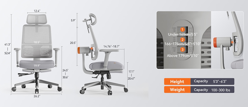 NEWTRAL MagicH-BPro Ergonomic Chair with Footrest, Auto-Following Backrest Headrest, Adaptive Lower Back Support, Adjustable Armrest, 4 Positions to Lock - Grey