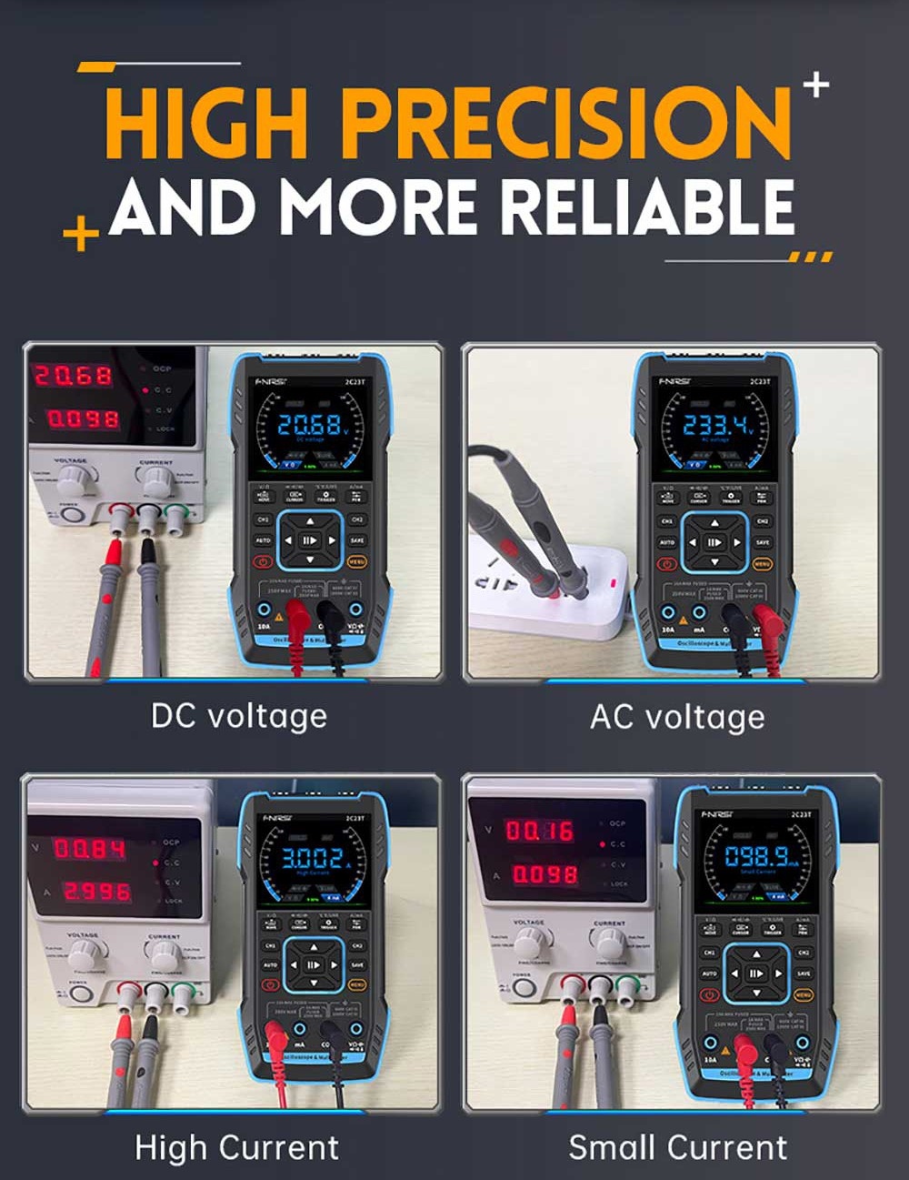 FNIRSI 2C23T 3 in 1 Digital Oscilloscope Multimeter Signal Generator + P6100 Probe, 2 Channels, 10MHz Bandwidth, 50MSa/s Sampling Rate, 9999 Counts