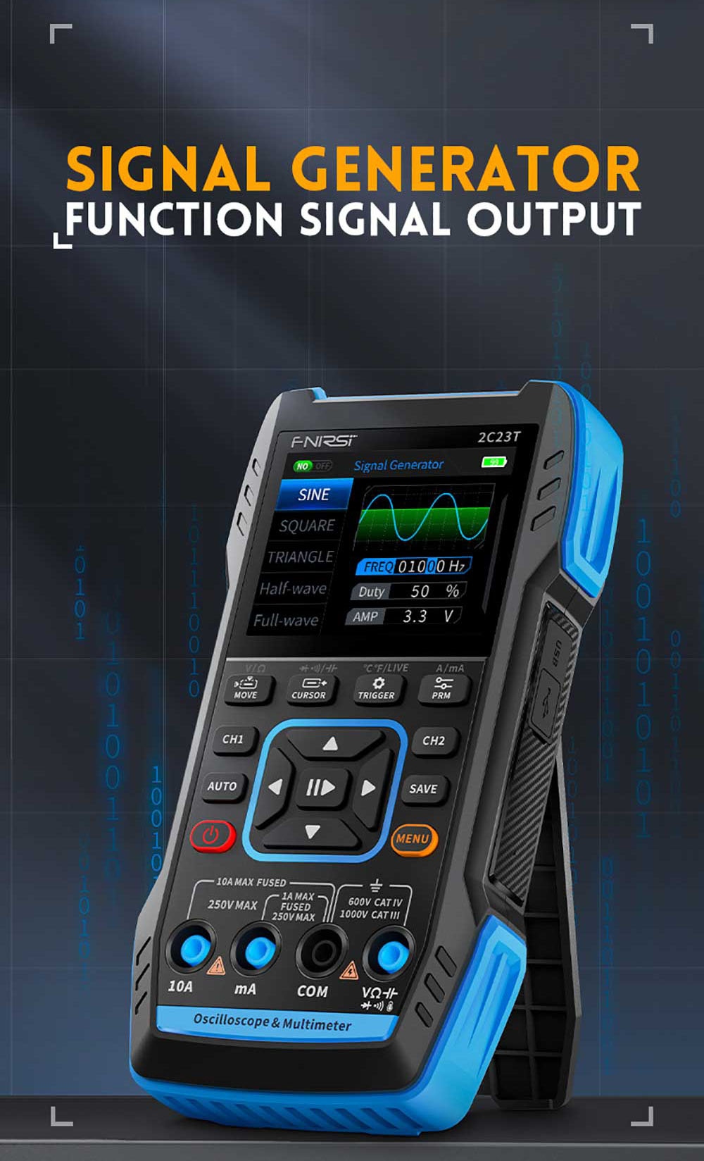 FNIRSI 2C23T 3 in 1 Digital Oscilloscope Multimeter Signal Generator + P6100 Probe, 2 Channels, 10MHz Bandwidth, 50MSa/s Sampling Rate, 9999 Counts