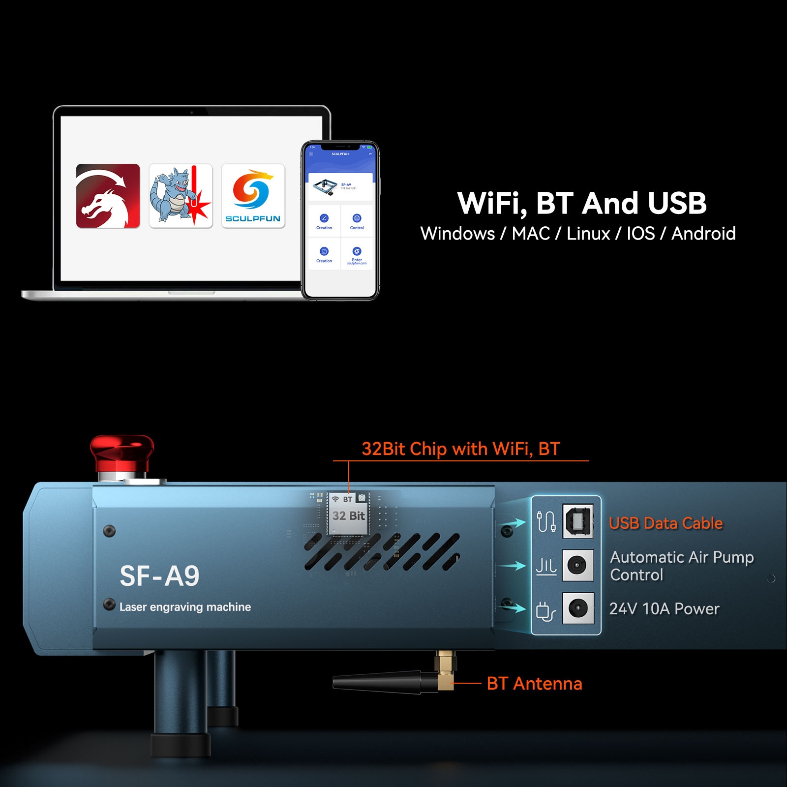 SCULPFUN SF-A9 Laser Engraver Cutter, 40W/20W Switchable Laser Power, Auto Air Assist, 36000mm/min Engraving Speed, Precise Focusing, WiFi/Bluetooth Connection, 400x400mm - EU Plug