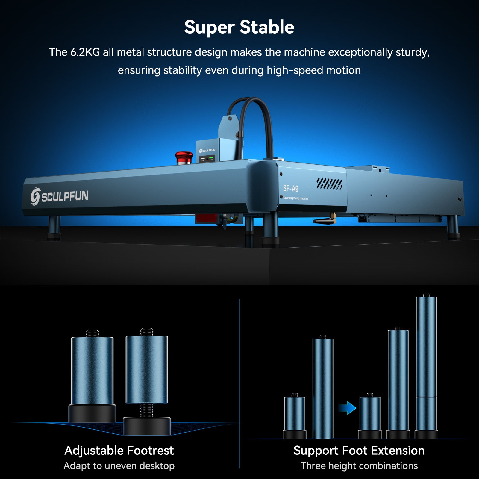 SCULPFUN SF-A9 Laser Engraver Cutter, 40W/20W Switchable Laser Power, Auto Air Assist, 36000mm/min Engraving Speed, Precise Focusing, WiFi/Bluetooth Connection, 400x400mm - EU Plug