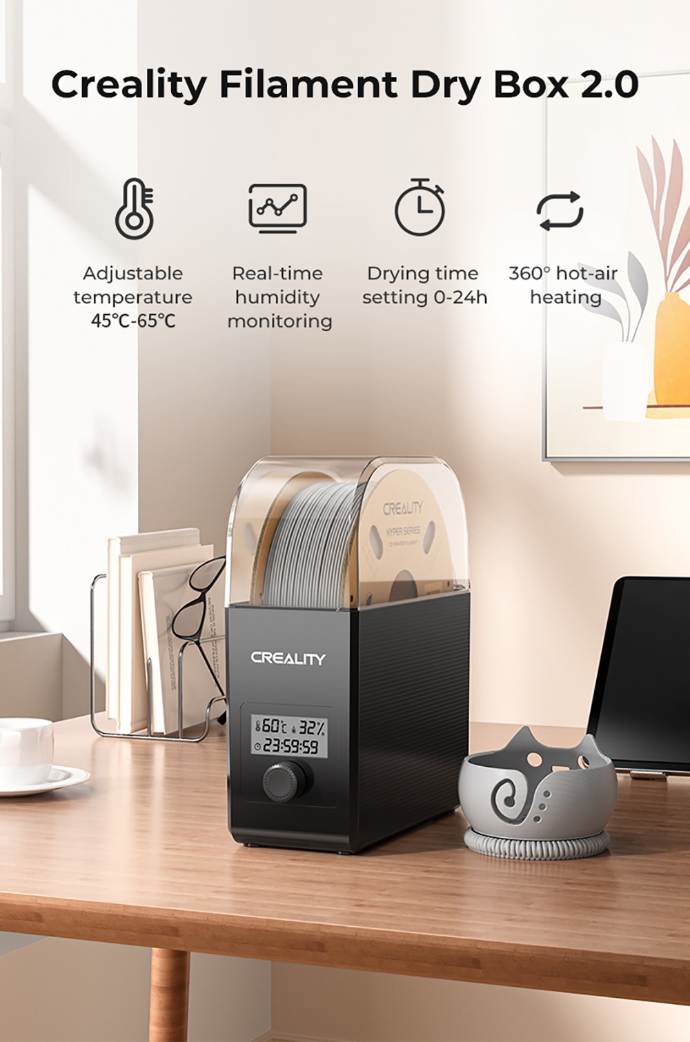 Creality Filament Dryer Box 2.0, Adjustable Temperature, 24h Timer, Humidity Monitoring
