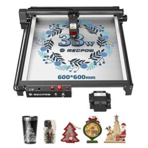 Mecpow X5 Pro Laser Engraver Cutter, 33W Laser Power, Auto Air Assist, 0.08x0.1mm Laser Spot, 28000mm/min Engraving Speed, Safety Lock, Emergency Stop, Flame Detection, Offline Engraving, 600x600mm