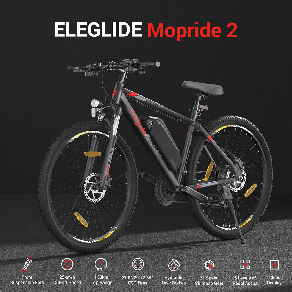 Eleglide Mopride 2 29" Electric Mountain Bike, 250W Motor, 25km/h Speed, 648Wh 36V 18Ah Battery, 150km Max Range, Shimano 21-Speed Gear, Hydraulic Disc Brakes, Front Suspension - Black