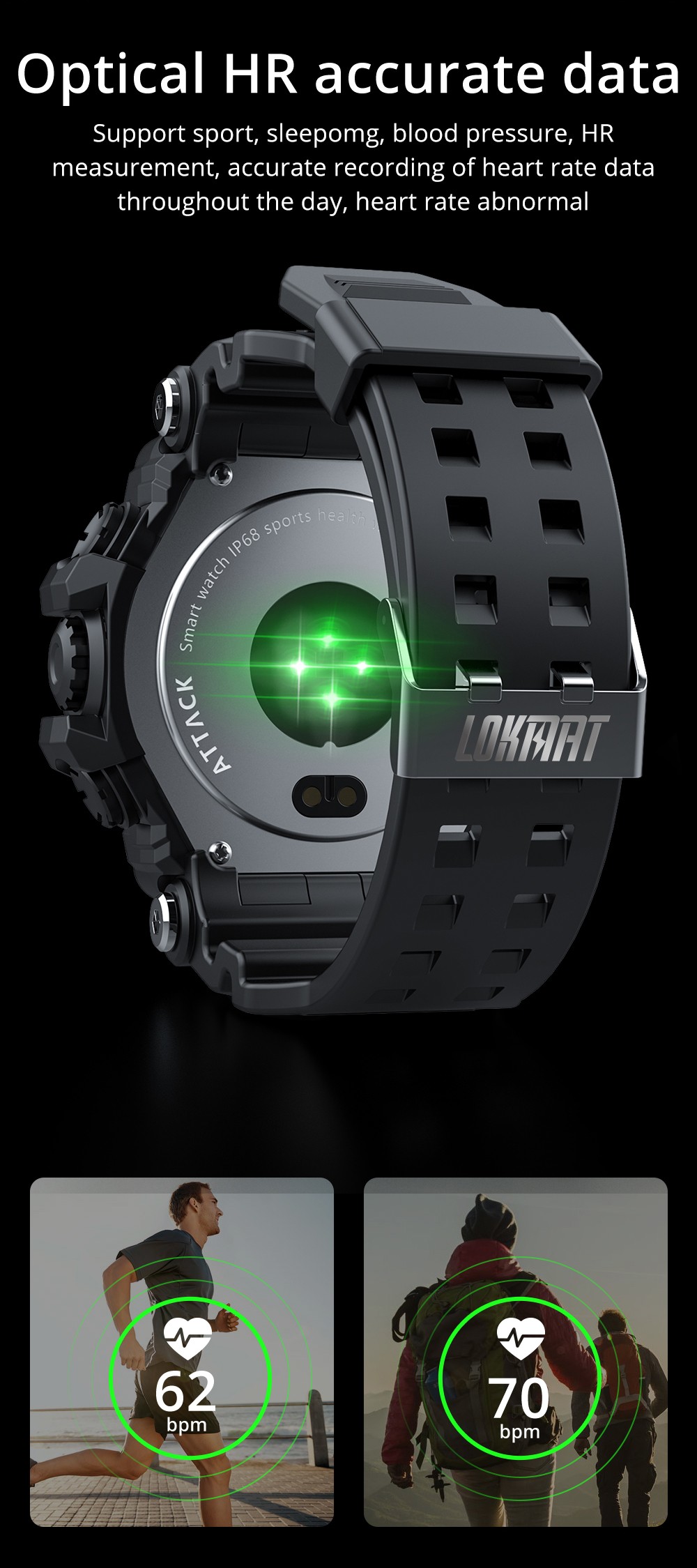 LOKMAT ATTACK Smart Watch 1.28 inch TFT Full Touch Screen Heart Rate Monitor Blood Pressure Blood Oxygen Sports Watch - Black