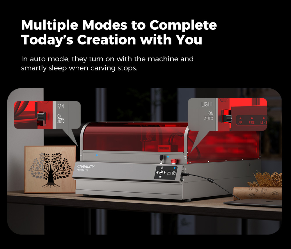 Creality Falcon2 Pro 40W Laser Engraver Cutter,  FDA Class1 Safety Certification, Smoke Exhaust, Integrated Air Assist, Built-in Camera, Fence Type Protection Strip, Fire / Airflow / Lens Monitoring, 400*415mm