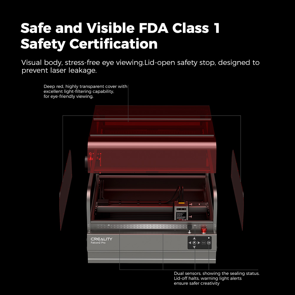 Creality Falcon2 Pro 40W Laser Engraver Cutter,  FDA Class1 Safety Certification, Smoke Exhaust, Integrated Air Assist, Built-in Camera, Fence Type Protection Strip, Fire / Airflow / Lens Monitoring, 400*415mm