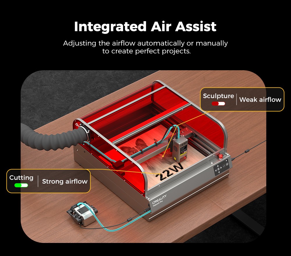 Creality Falcon2 Pro 40W Laser Engraver Cutter,  FDA Class1 Safety Certification, Smoke Exhaust, Integrated Air Assist, Built-in Camera, Fence Type Protection Strip, Fire / Airflow / Lens Monitoring, 400*415mm