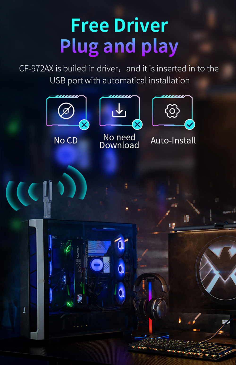 COMFAST CF-972AX WiFi 6 Adapter Gaming Wireless Adapter, Triple Band 5374Mbps USB 3.0 Driver Free WiFi Dongle, Supports AP Mode