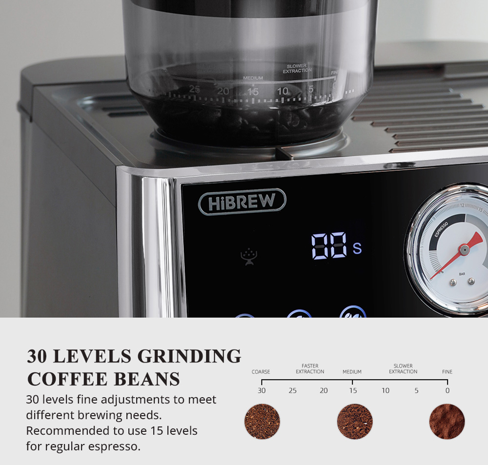 HiBREW H7A Coffee Maker Espresso Machine, 20 Bar Pressure, Dual Boiler System, 30 Levels Grinder, 250g Coffee Bean Capacity, LCD Touch Screen