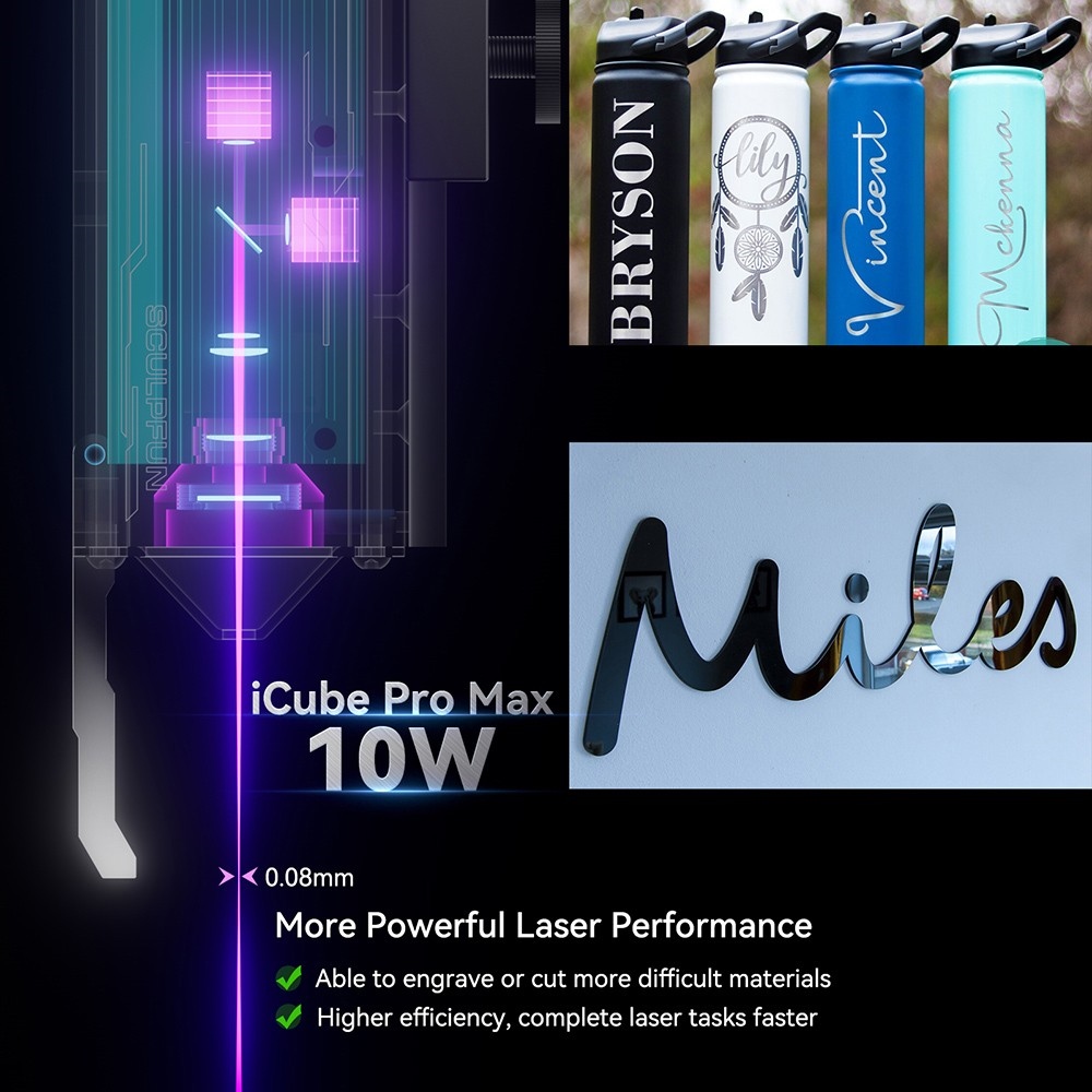 SCULPFUN iCube Pro Max 10W Laser Engraver, 0.08mm Laser Spot, 10000mm/min Engraving Speed, 32-bit Motherboard, Replaceable Lens, Smoke Filter, Temperature Alarm, App Connection, 120x120mm - EU Plug