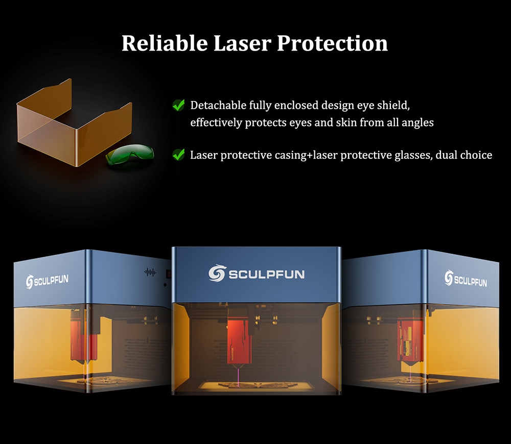 SCULPFUN iCube Pro Max 10W Laser Engraver, 0.08mm Laser Spot, 10000mm/min Engraving Speed, 32-bit Motherboard, Replaceable Lens, Smoke Filter, Temperature Alarm, App Connection, 120x120mm - EU Plug