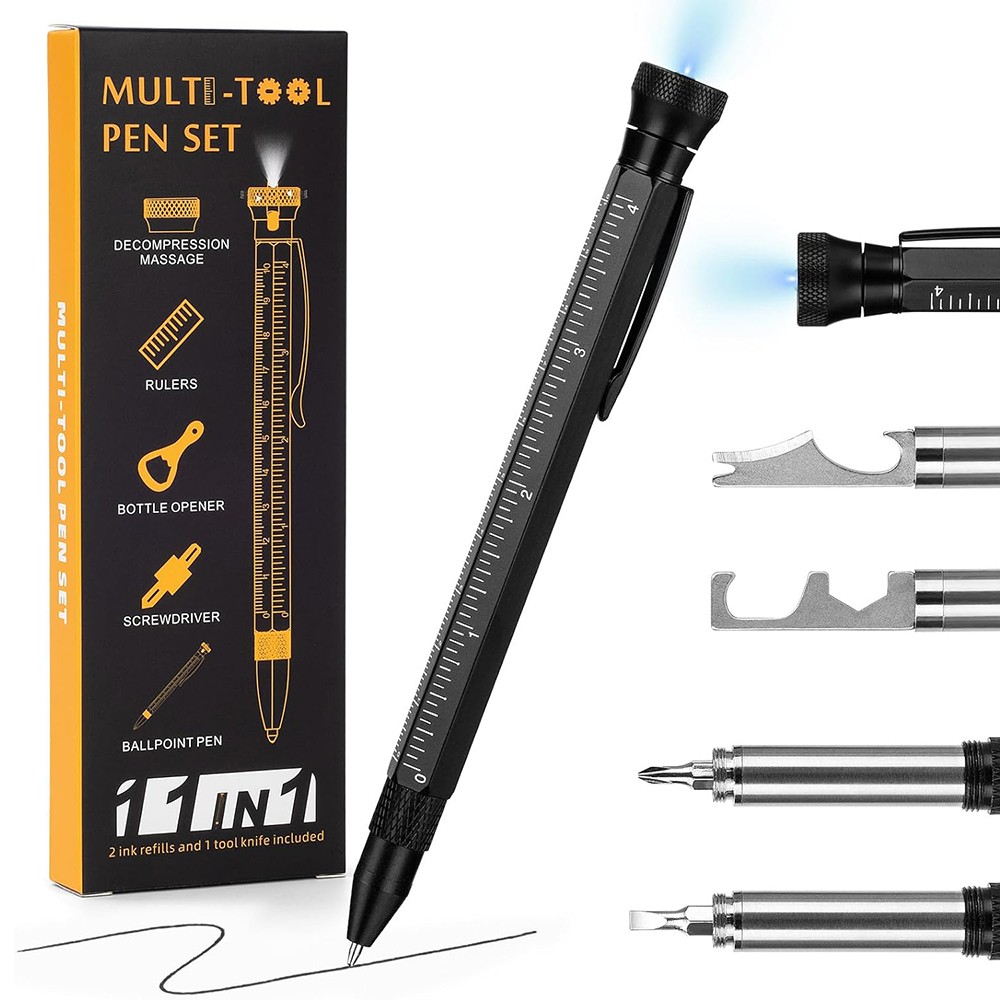 HMP P256 12-in-1 Multitool Pen with LED Light Decompressor Massager Screwdrivers Rulers Bottle Opener Hexagonal Wrench Phone Holder - Black