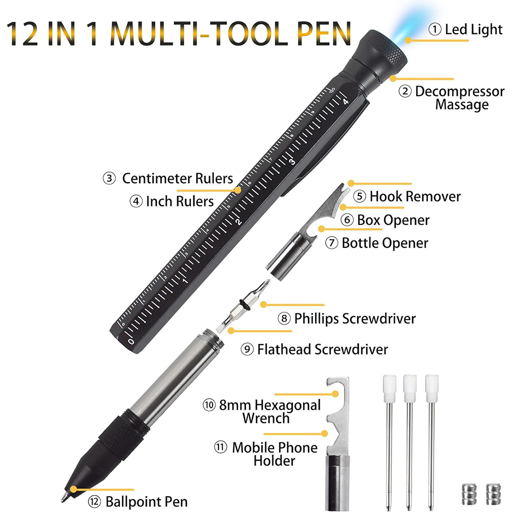 HMP P256 12-in-1 Multitool Pen with LED Light Decompressor Massager Screwdrivers Rulers Bottle Opener Hexagonal Wrench Phone Holder - Black