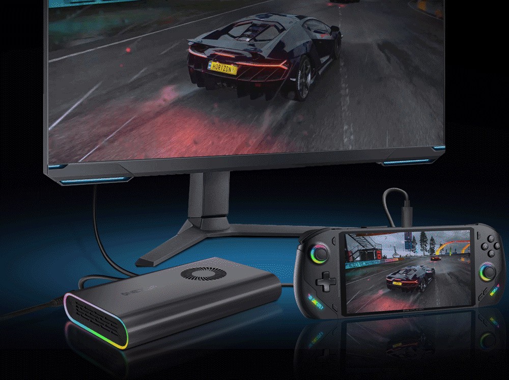 One Netbook ONEXGPU e-GPU Dock with AMD Radeon RX 7600M XT GPU, 8GB Storage, 1*Oculink 1*USB-C 4.0 2*HDMI 2*DP 2*USB-A 3.2 1*M.2 2280 1*RJ45, 100W Reverse Charging, RGB Lighting Effects