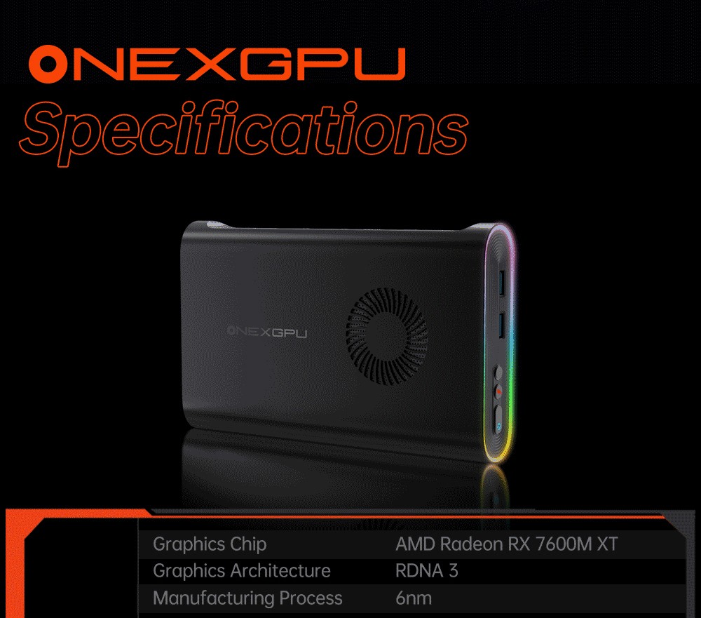 One Netbook ONEXGPU e-GPU Dock with AMD Radeon RX 7600M XT GPU, 8GB Storage, 1*Oculink 1*USB-C 4.0 2*HDMI 2*DP 2*USB-A 3.2 1*M.2 2280 1*RJ45, 100W Reverse Charging, RGB Lighting Effects