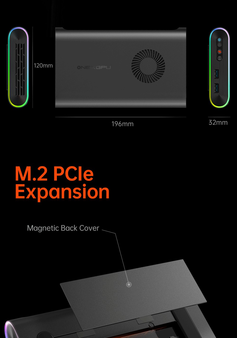 One Netbook ONEXGPU e-GPU Dock with AMD Radeon RX 7600M XT GPU, 8GB Storage, 1*Oculink 1*USB-C 4.0 2*HDMI 2*DP 2*USB-A 3.2 1*M.2 2280 1*RJ45, 100W Reverse Charging, RGB Lighting Effects