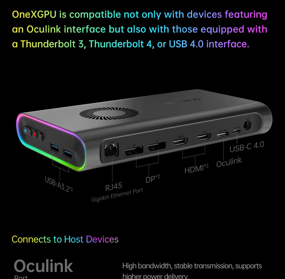 One Netbook ONEXGPU e-GPU Dock with AMD Radeon RX 7600M XT GPU, 8GB Storage, 1*Oculink 1*USB-C 4.0 2*HDMI 2*DP 2*USB-A 3.2 1*M.2 2280 1*RJ45, 100W Reverse Charging, RGB Lighting Effects