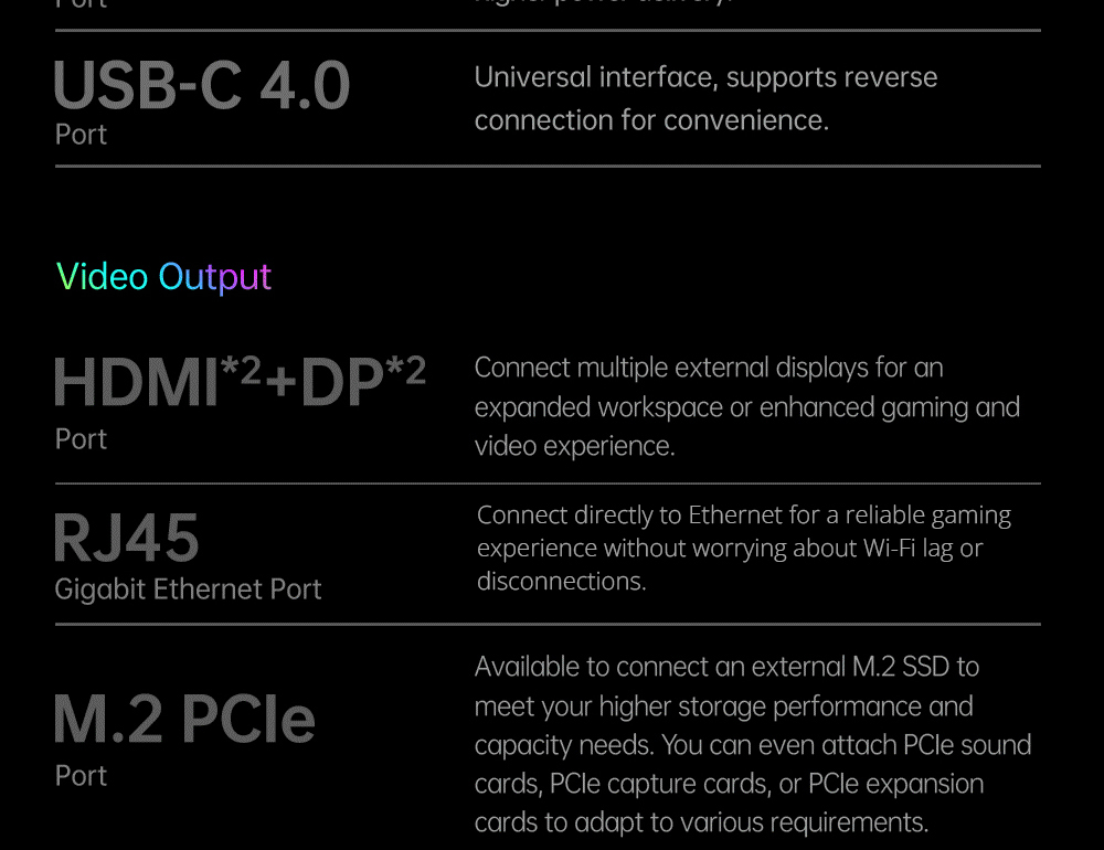 One Netbook ONEXGPU e-GPU Dock with AMD Radeon RX 7600M XT GPU, 8GB Storage, 1*Oculink 1*USB-C 4.0 2*HDMI 2*DP 2*USB-A 3.2 1*M.2 2280 1*RJ45, 100W Reverse Charging, RGB Lighting Effects