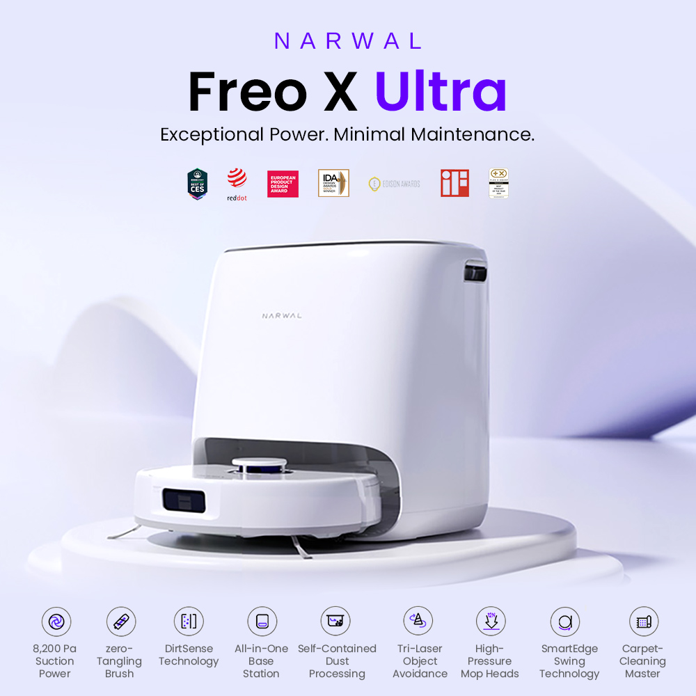 Narwal Freo X Ultra Robotic Vacuum and Mop with Auto Washing and Self-Empty, Strong 8200Pa Suction Power, Zero-Tangling Floating Brush, Automated Mop Lifting To 12mm, All-in-One Base Station