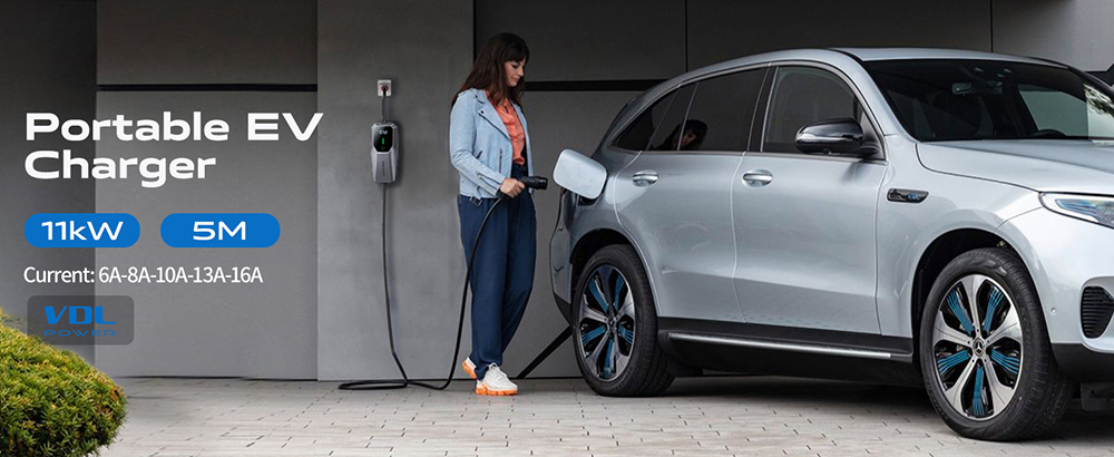 VDL EC31 Portable EV Charger, 11KW Fast Charging, 5m Charging Cable, 6A-16A Adjustable Current, Type 2 CEE 3-Phase Socket, IEC 62196-2, IP65 Waterproof, LCD Screen