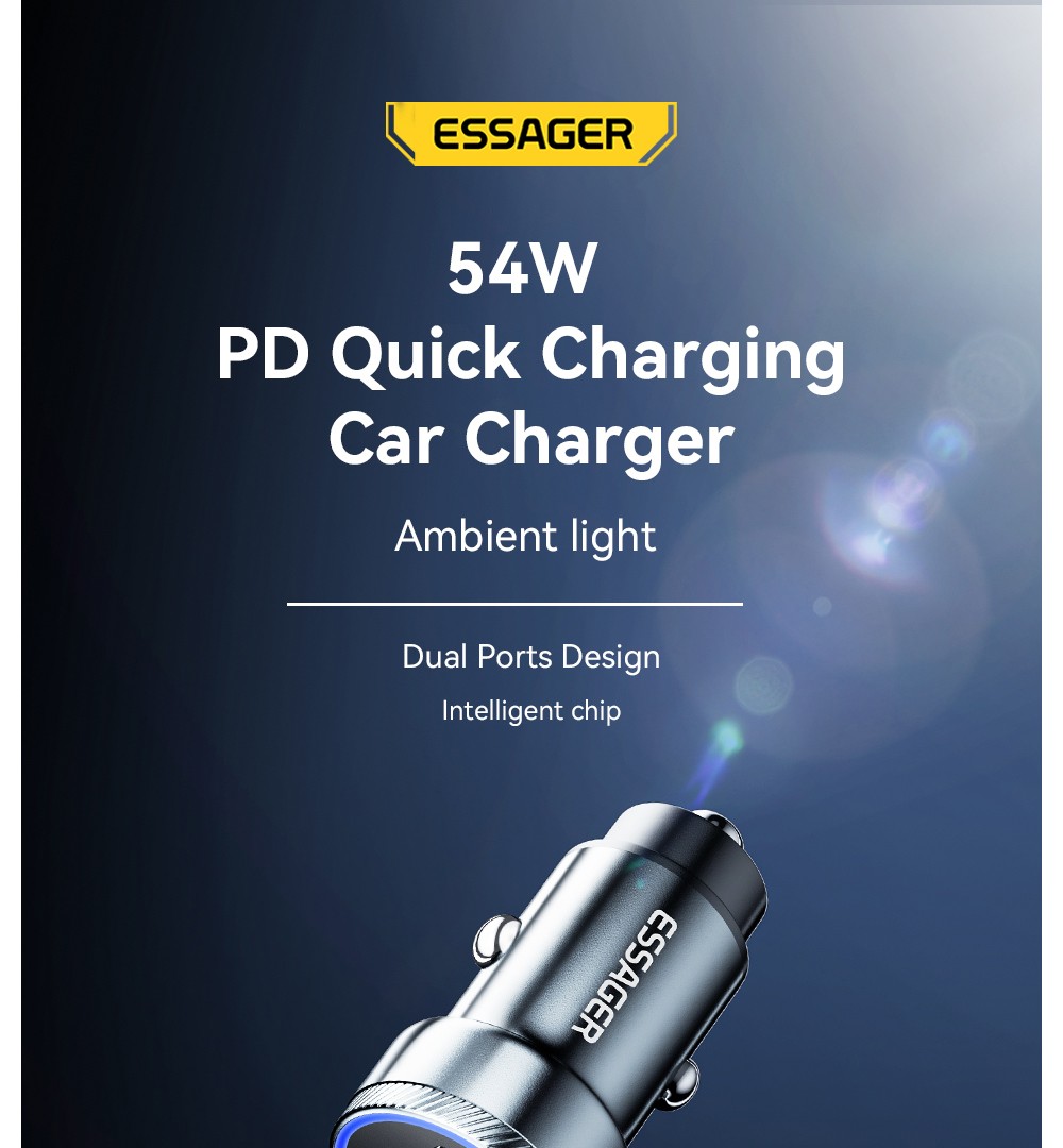 ESSAGER 54W Car Charger, USB-A+Type-C 2 Ports, PD Quick Charging, Ambient Light, Intelligent Chip - Gray