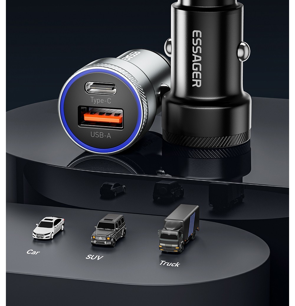 ESSAGER 54W Car Charger, USB-A+Type-C 2 Ports, PD Quick Charging, Ambient Light, Intelligent Chip - Gray