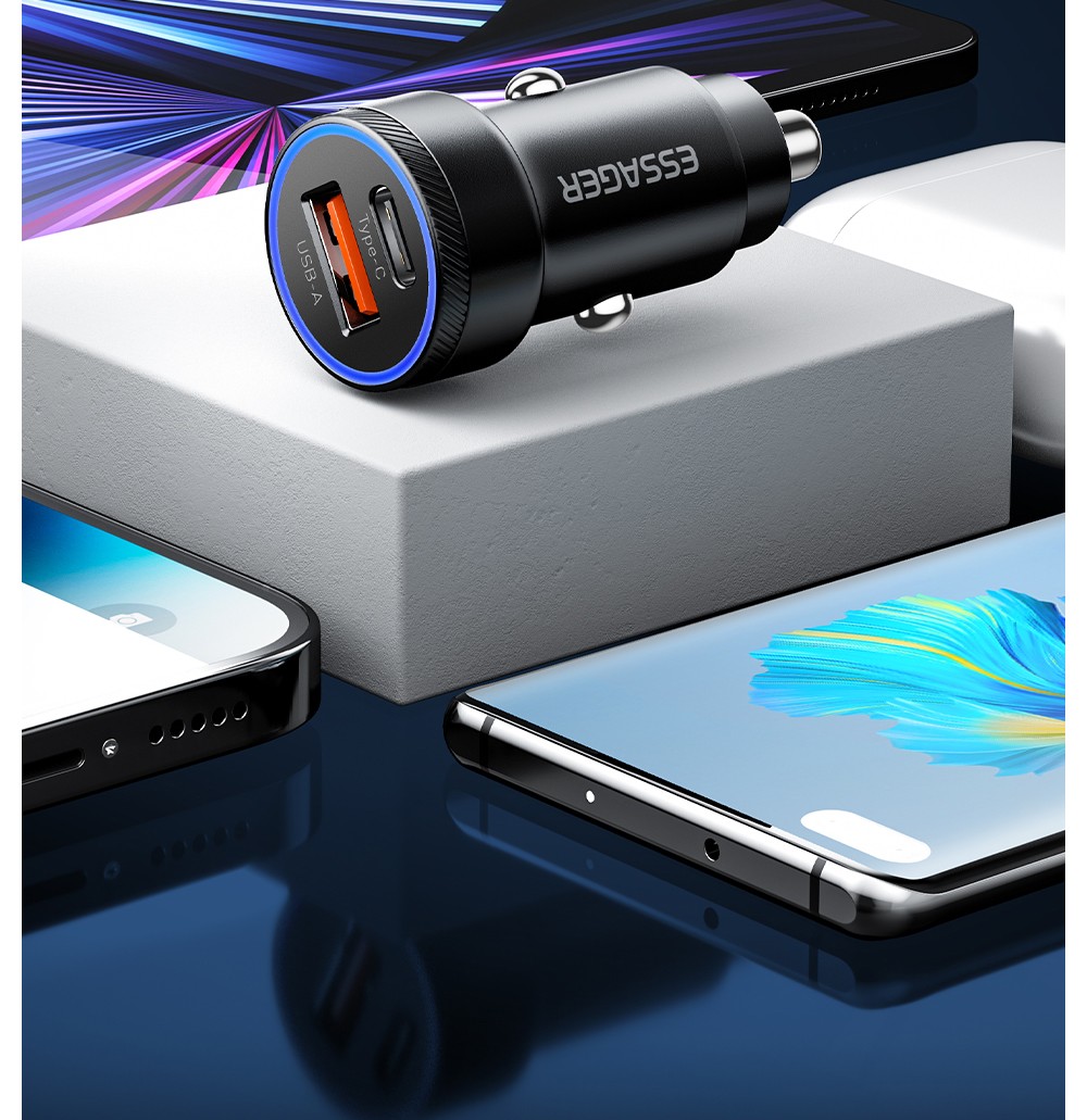 ESSAGER 54W Car Charger, USB-A+Type-C 2 Ports, PD Quick Charging, Ambient Light, Intelligent Chip - Gray