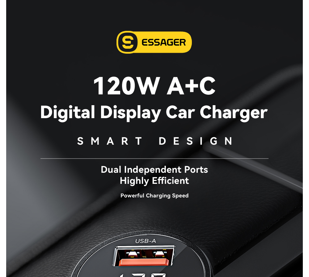 ESSAGER 120W Car Charger, USB-A+Type-C, Digital Display, Smart Chip, Shrapnel Design - Gunmetal Grey