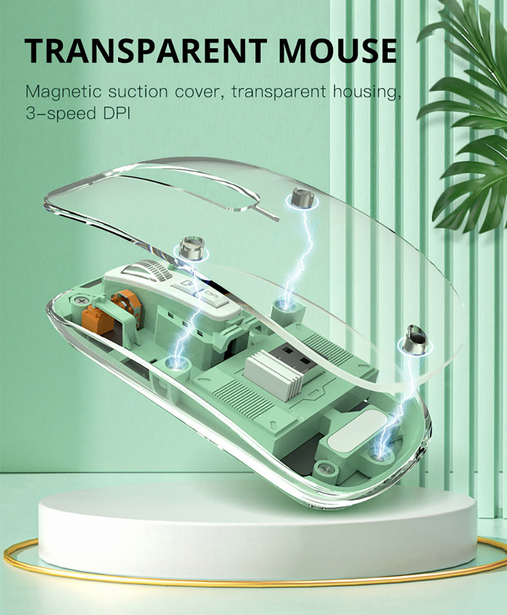 M033 Transparent Wireless Mouse, 3 Connection Modes, 800/1200/1600 DPI, Mute Axis, Colorful Breathing Light Effect - Grey