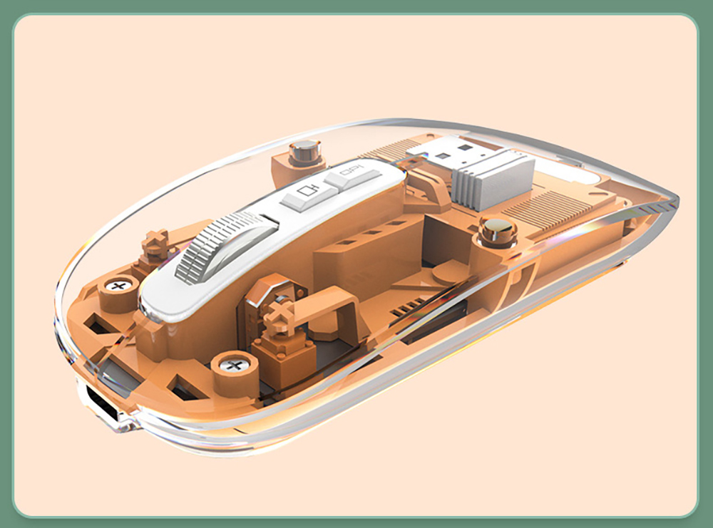 M033 Transparent Wireless Mouse, 3 Connection Modes, 800/1200/1600 DPI, Mute Axis, Colorful Breathing Light Effect - Grey