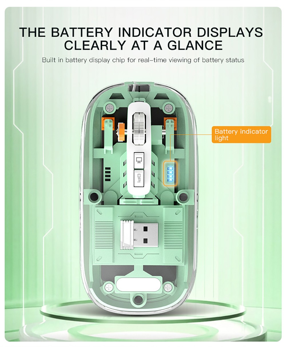 M033 Transparent Wireless Mouse, 3 Connection Modes, 800/1200/1600 DPI, Mute Axis, Colorful Breathing Light Effect - Grey