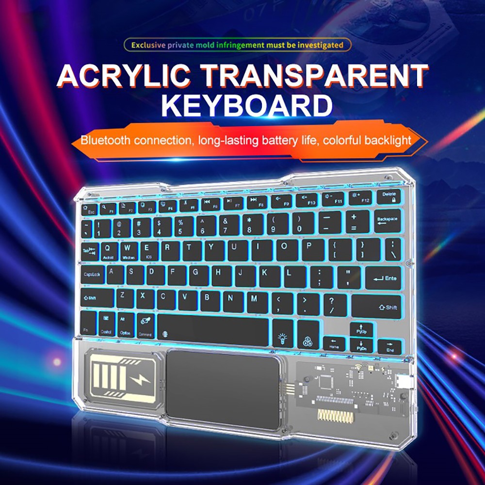 KB333 Transparent 78 Keys Wireless Bluetooth Keyboard with Touchpad, Colorful Backlight - Black