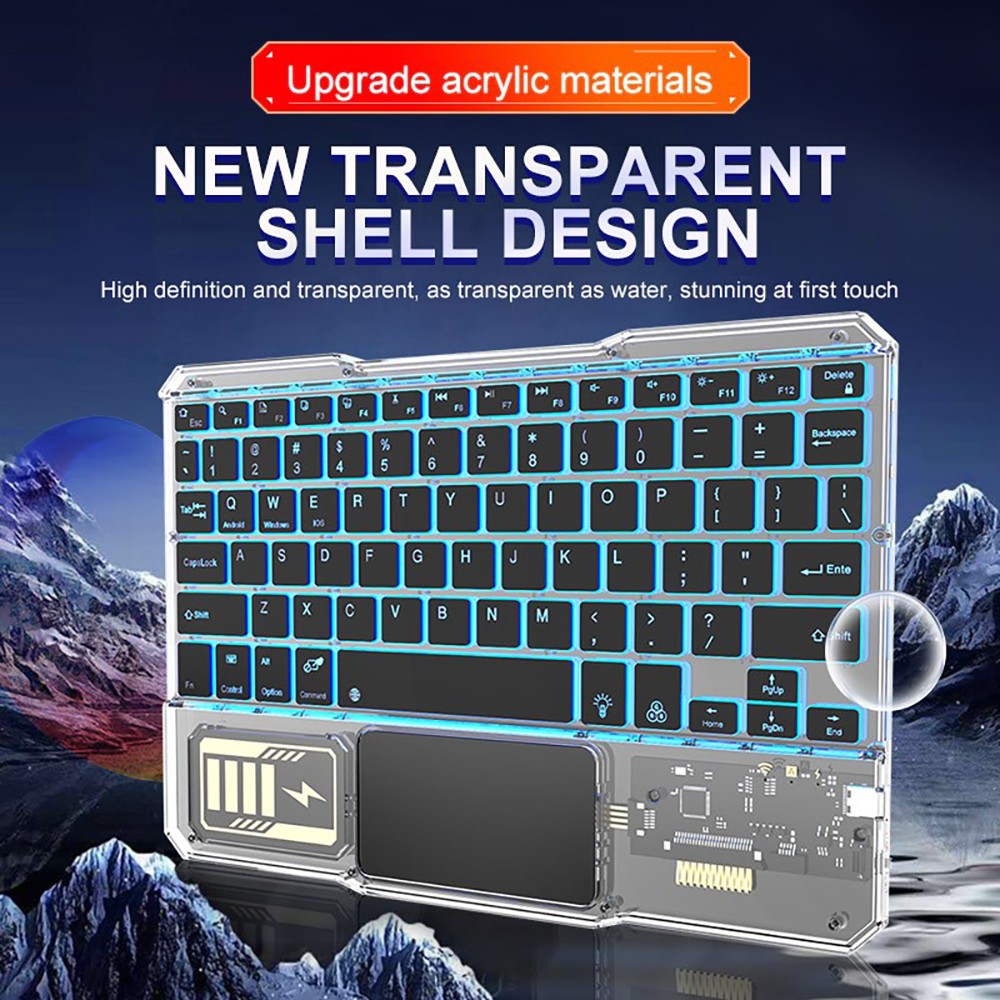 KB333 Transparent 78 Keys Wireless Bluetooth Keyboard with Touchpad, Colorful Backlight - Black