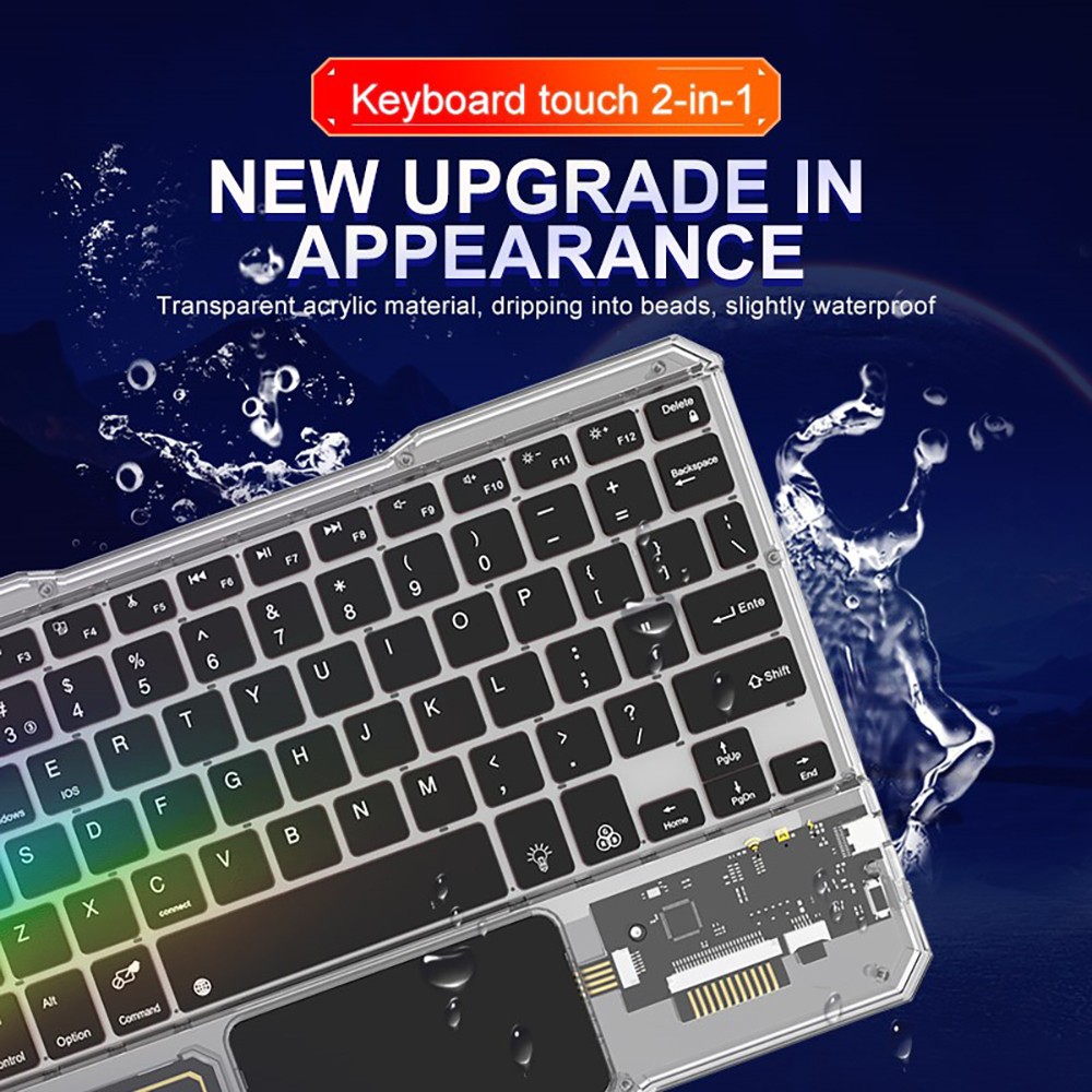 KB333 Transparent 78 Keys Wireless Bluetooth Keyboard with Touchpad, Colorful Backlight - Black