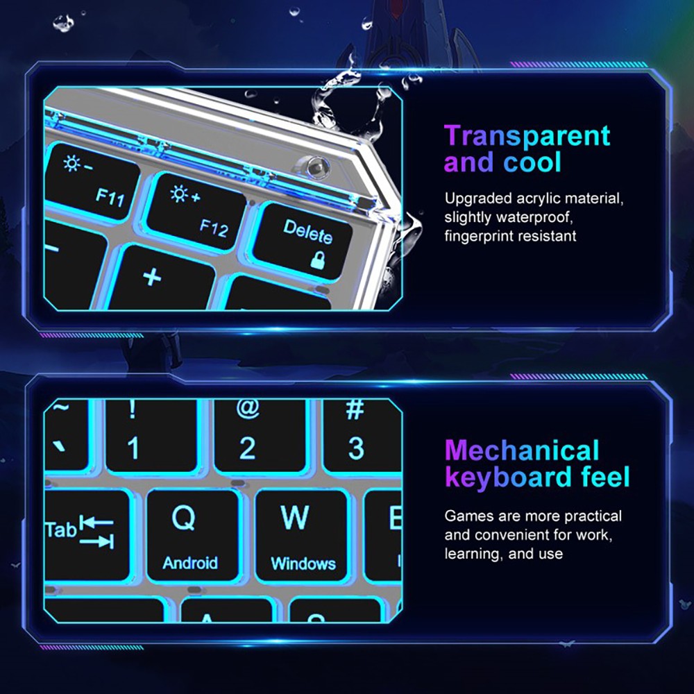 KB333 Transparent 78 Keys Wireless Bluetooth Keyboard with Touchpad, Colorful Backlight - Black