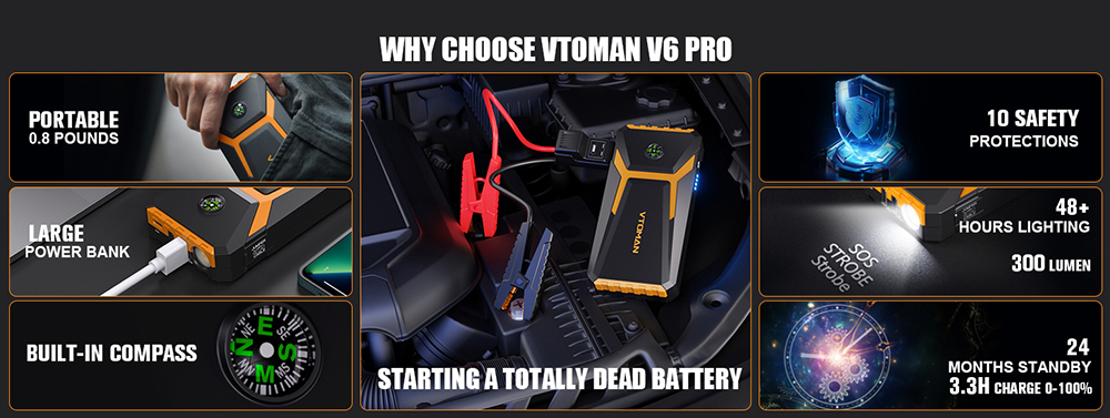 VTOMAN V6 PRO 2000A Car Jump Starter, with LED Light, Fast Charge, for Up 7.0L Gas and 5.0L Diesel Engines