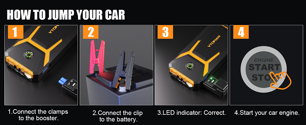 VTOMAN V6 PRO 2000A Car Jump Starter, with LED Light, Fast Charge, for Up 7.0L Gas and 5.0L Diesel Engines