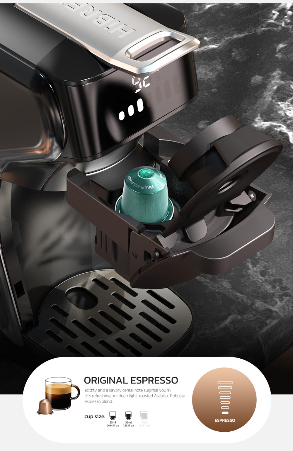 HiBREW H1B 5-in-1 Pods Coffee Maker, 600ml Water Tank, 19 Bar Pressure Extraction, Cold/Hot Mode, LED Indicator, for Kcup*/Nes*/DG*/Espresso Powder, Black