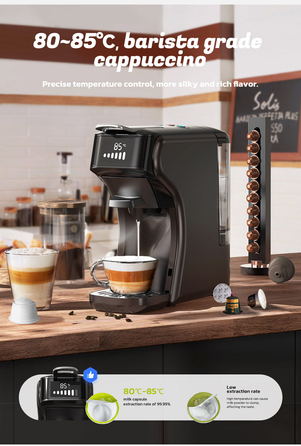 HiBREW H1B 5-in-1 Pods Coffee Maker, 600ml Water Tank, 19 Bar Pressure Extraction, Cold/Hot Mode, LED Indicator, for Kcup*/Nes*/DG*/Espresso Powder, Black