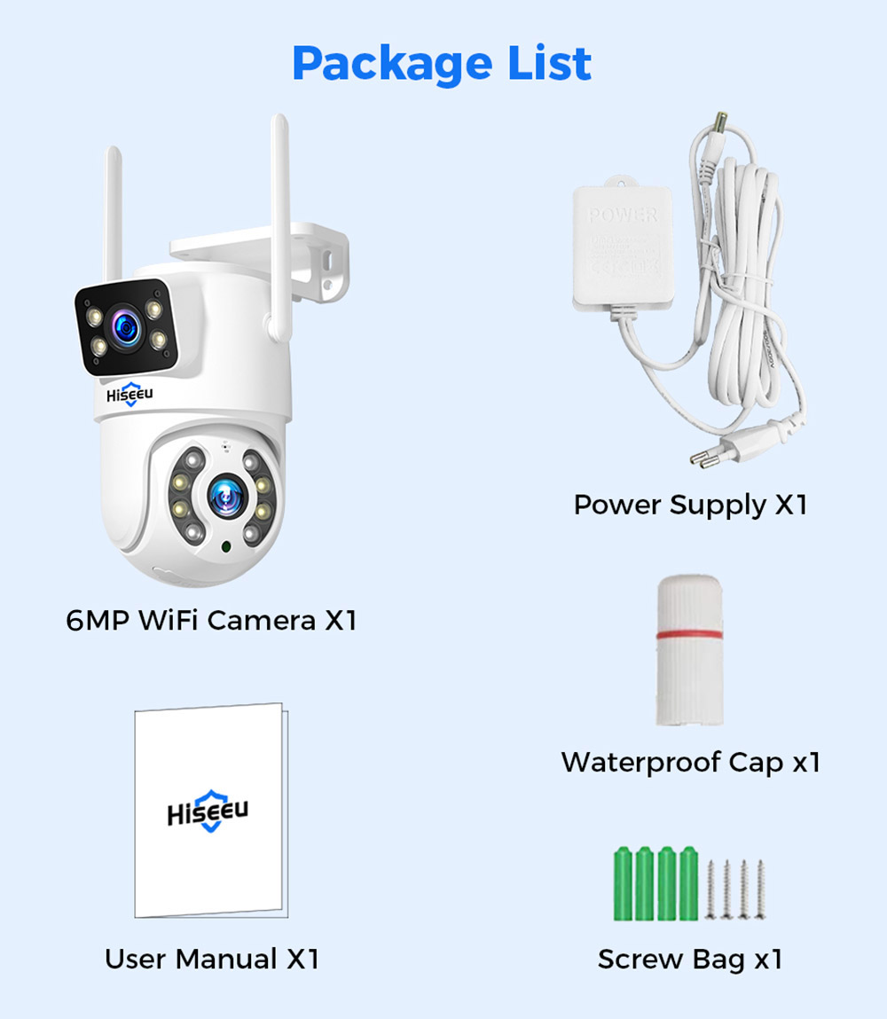 Hiseeu 4K 6MP Outdoor WiFi Camera, Dual Lens, Double Screen, 2-way Audio, Color Night Vision, Auto Tracking, AI Human Detection, IP66 Weatherproof, 2.4GHz WiFi