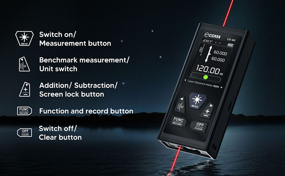 CIGMAN CD-60 Bilateral Laser Distance Meter, 393ft/120M Bilateral Measurement, with M/in/Ft Multiple Units
