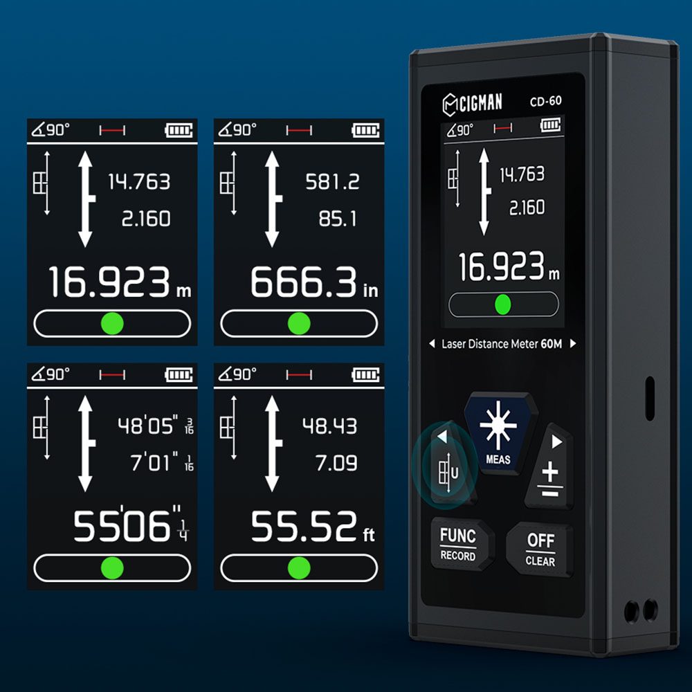 CIGMAN CD-60 Bilateral Laser Distance Meter, 393ft/120M Bilateral Measurement, with M/in/Ft Multiple Units