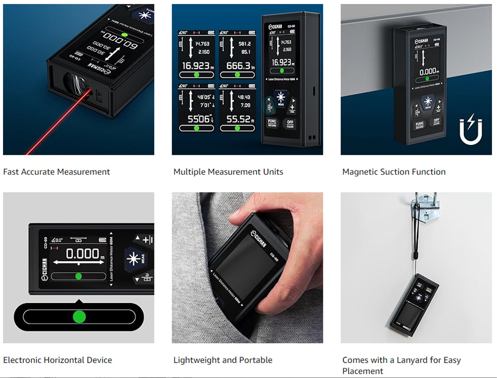 CIGMAN CD-60 Bilateral Laser Distance Meter, 393ft/120M Bilateral Measurement, with M/in/Ft Multiple Units