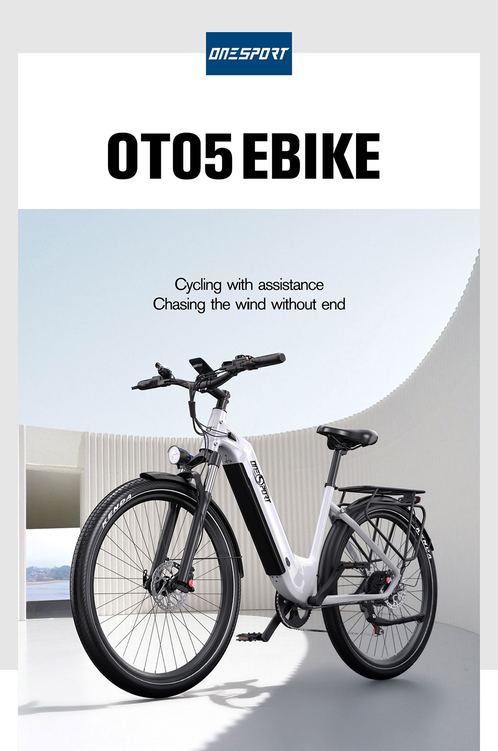 ONESPORT OT05 Electric Bike, 27.5' Aluminum Frame, 250W ANANDA Motor, 36V 18.2Ah Battery, 25km/h Max Speed, 60-120km Range, Oil Disc Brake, Shimano 7 Speed, Torque Sensor, 100kg Max Load - White